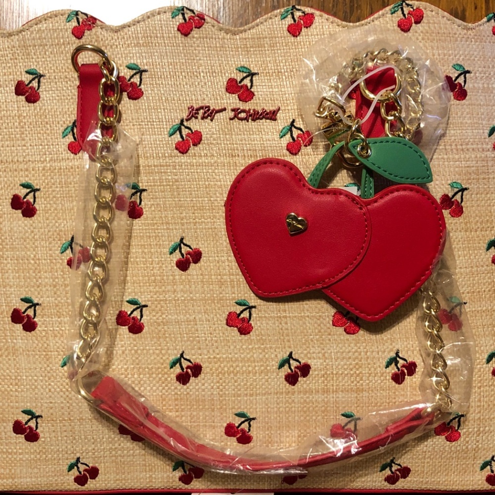 NWT-Betsey Johnson-Cherry🍒Embroidered-Large XO Tote-Woven Straw-Natural-$118 - Picture 2 of 16